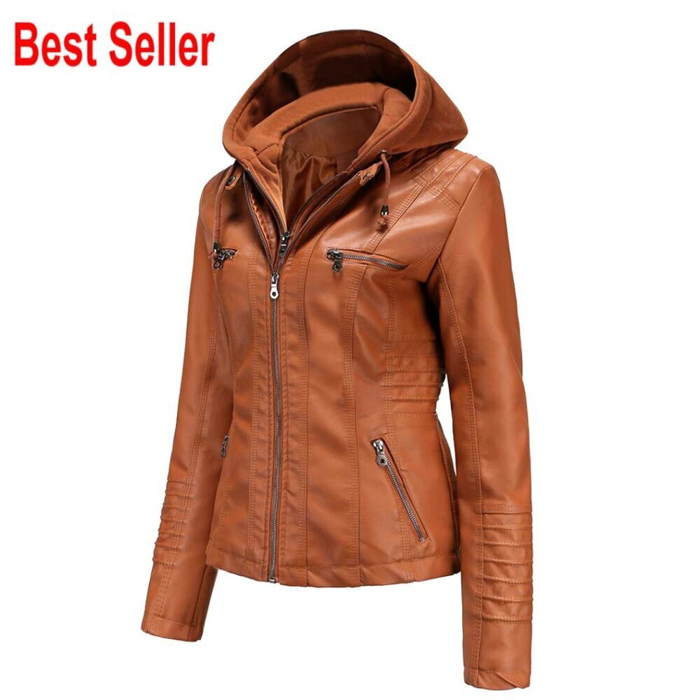 Faux Leather Motorcycle Jacket with Removable Hood Plus Size Biker Coat